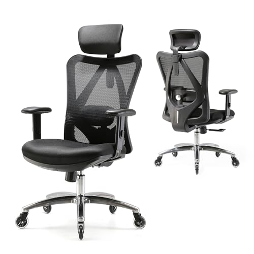 SIHOO Chaise de Bureau Ergonomique Haut Dossier, Appui-tête & Support Lombaire Réglables, Chaise Pivotante de Bureau (Noir)
