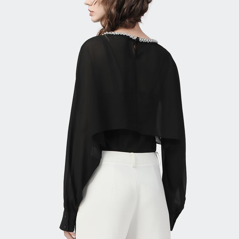 Blusa de Gasa negra con Cuello Redondo y Cuentas para Mujer, Blusa Holgada de Manga Larga de Talla grande, Tops Informales de Oficina para Mujer de otoño (Negro XS)