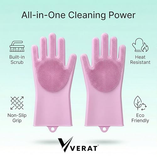 Image of Kitchen Dishwashing Gloves for Washing Dishes - Reusable Rubber /Silicone Cleaning Gloves for Kitchen, Bathroom & Car Cleaning - Waterproof Household Hand Gloves for Women, Home Essentials (pink)