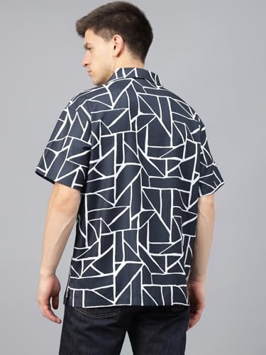 Image of Veirdo Poly Cotton Oversized Loose Baggy Fit Drop Shoulder Cool and Stylish Abstract Print Men Camp Collar Shirt