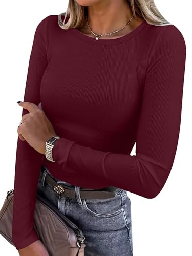 ANRABESS Women Long Sleeve Shirts Rib Knit Slim Fit Tops Basic Tee 2025 Fall Outfits Casual T-Shirt Underscrubs Layer Clothes Deep Red Medium