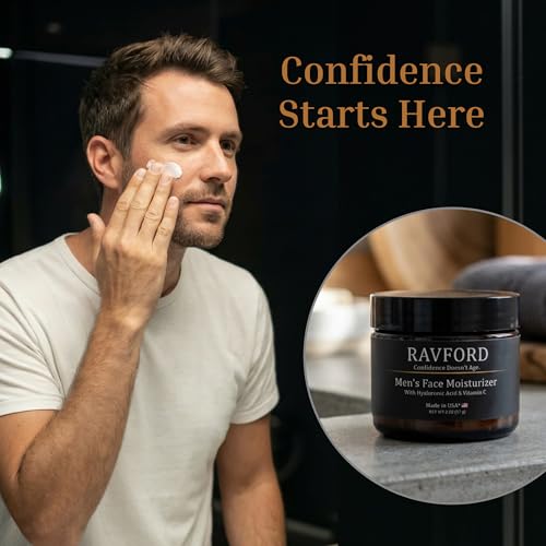 RAVFORD Men’s Face Moisturizer – Matte Finish, Fast-Absorbing, Non-Greasy Hydrating Cream for Dry & Aging Skin with Hyaluronic Acid, Vitamin C, Niacinamide & Aloe Vera – Unscented, Made in USA, 2 oz