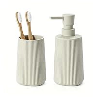 GAHEFY 2-teiliges Badezimmer-Accessoire-Set, Seifenspender mit 250 ml & Zahnputzbecher, Modernes Rillen-Design aus ABS-Kunststoff, für Waschbecken & Badablage (Beige)