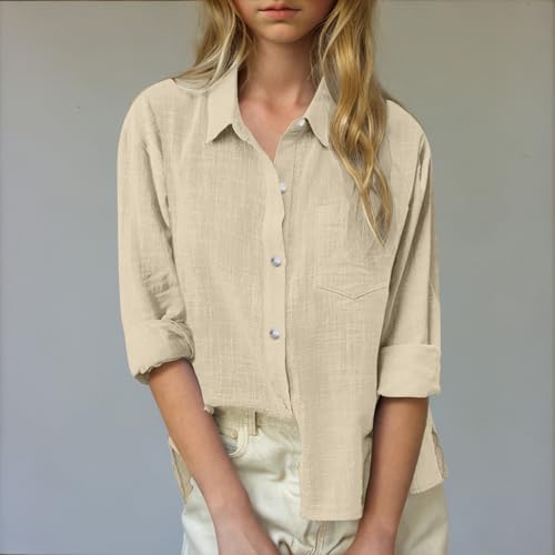 Linen Shirts for Girls Summer Spring Holiday Tops Casual Loose Fit Breathable Button Down Roll Up Sleeve top2