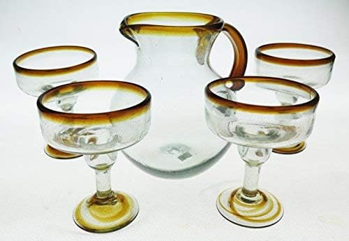 Mexican Margarita Glasses and matching pitcher, Amber Rim (set of 5)
