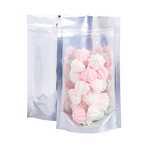 Sealable Food Storage Pouch Bags - Stand Up Aluminum Plastic Bags by Greenery for Kitchen - Clear Front & Aluminum Foil Back - 5”W x 8”H -100-Pack - Ideal for Healthy Snacks, Spices, Cereals, Nuts