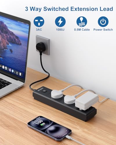 Short Extension Lead, 0.5M Small Extension Cable (13A/3250W), 3 Way Switched Extension Lead, Power Strip, Surge Protector, Black