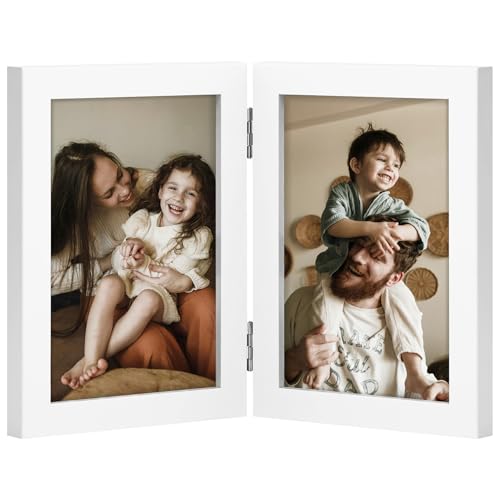 decorUhome Double 4x6 Picture Frame Vertical, Engineered Wood Bifold Photo Frame with Plexiglass for Tabletop Display, 4x6, White