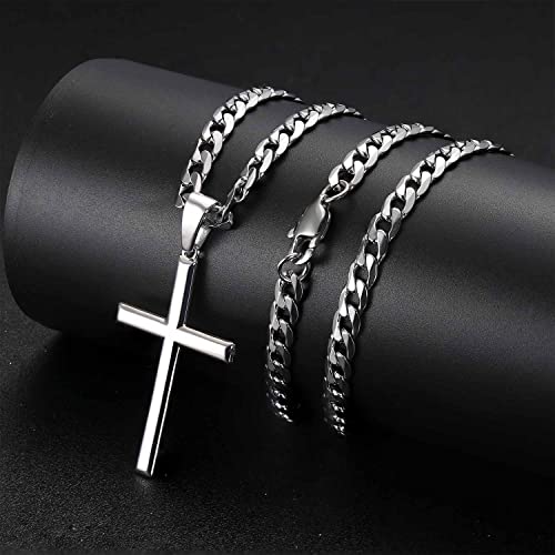 925 Sterling Silver Cross Necklace for Men Women 5mm Stainless Steel Cuban Link Chain for Men Polished Silver Cross Pendant Chain Necklace Diamond-Cut Durable Mens Jewelry Gift 16-28 Inches4