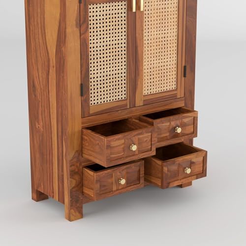 Image of PS DECOR Solid Sheesham Wood Bookshelf Cabinet with Cane Rattan Doors & 4 Drawers | Wooden Book Storage Unit for Home Library, Living Room & Office | Double Door Bookcase Organizer (Honey Finish)