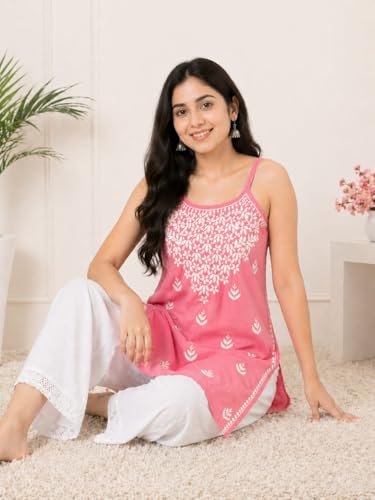 Image of Women's Chikankari Rayon Top Sleeveless Strappy Kurti | Embroidered A-Line Tunic for Women | Summer Ethnic Casual Wear Top with Spaghetti Straps