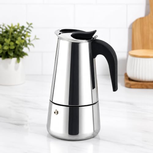 Image of Stainless Steel Espresso Maker Stovetop Coffee Percolator Italian Coffee Maker Moka Pot (Silver) (300 ml - 6 Cup)
