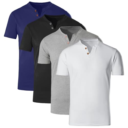 VERAVANT (Lot de 4 T-Shirts pour Hommes Henley Col Rond pour Homme Tee Shirt 100% Coton col en V