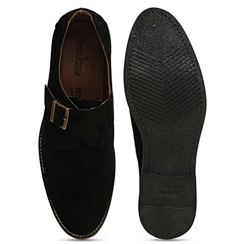 Image of LOUIS STITCH Men's Midnight Black Italian Suede Leather Loafers Casual Single Monk Penny Shoes for Men (Prague-SUSM) - 7 UK