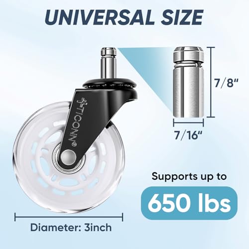Image of TICONN Office Chair Caster Wheels Set of 5 for Tile, Hardwood Floors and Carpets, Universal Fit for Most Chairs (White)