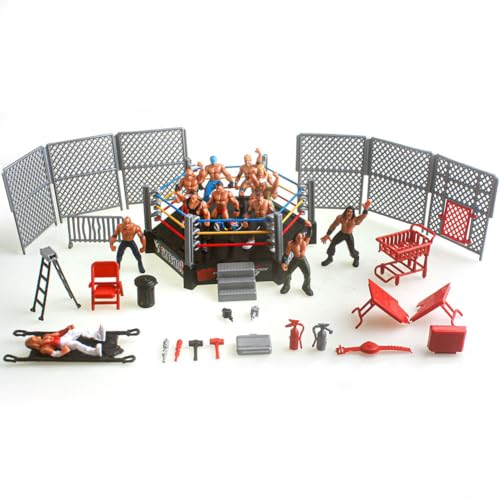 Wrestling Spielzeug Set, Authentisches Superstars-Arena-Set mit Flexiblen Saiten, Kampfspielzeug Enthält 6 Figuren Figuren und Prop Kampfspielzeug, Wrestler Krieger Spielzeug, Kinderspielzeug