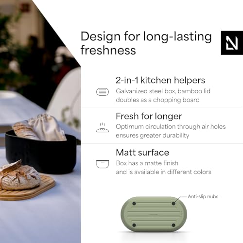 Image of LARS NYSOM Bread Box I Metal bread box for long lasting freshness with non-slip pads I Baked goods Bin with bamboo lid usable as cutting board I 13.6x7.3x6.2in (Sage Green)