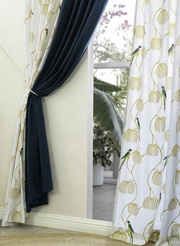 Image of Tranquebar Curtain Co. Window Curtains 5 Feet, 60-65% Room Darkening,Blue Bird Print, Cotton Curtains for Window,Cotton Curtains 5 Feet Set of 3, BackTab Loops, Mithu Green Combo (152 cm) - Set of 3
