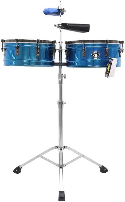 5d2 14" & 15" Blue Chrome Timbales Set – with Adjustable Stand, Cowbell & Clave – Latin Percussion Timbal Drums