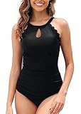 Coswind Badeanzug Damen Bauchweg Sexy Bademode V Ausschnitt Monokini Raffung Push Up Einteiler Schwimmanzug Swimsuit Schwarz02 XL