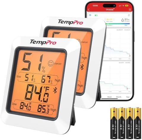 TempPro Hygrometer Thermometer for House TP350, Bluetooth Room Indoor Greenhouse Thermometer Up to 260FT,Backlit Humidity Meter Temperature Sensor with 2-Year Data Export, 2 Pack(Previously ThermoPro)