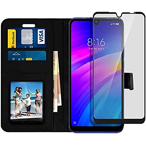 iPOMCASE Coque Portefeuille avec Verre Trempé 4D pour Xiaomi Redmi 7
