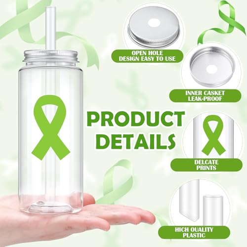 Sliner 20 Pcs Mental Health Plastic Cups with Lids and Straws Clear Reusable Mental Party Drinking Cups Health Awareness Green Ribbon Gifts for Friend Family Coworkers Fundraiser Giveaways