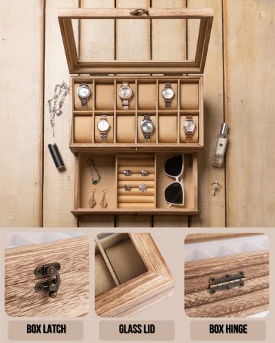 Exper City Watch Box, Watch Case For Men Women With Large Glass Lid, Wooden Watch Display Storage Box With 2 - Layers & 12 - Slots, Wood Mens Watch Box Organizer #TOP1