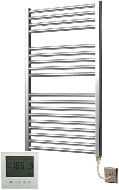 Greened House Electric Chrome 600W x 1000H Straight Towel Rail + Timer and Room Thermostat Bathroom Towel Rails
