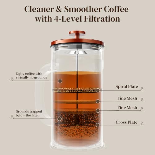 Image of Veken French Press Coffee Maker,No Plastic Touching Cafe,34oz 1L Cafetera | Heat Resistant Thickened Borosilicate Glass Stainless Steel Brewer, Cold Brew Pot for Kitchen,Travel,Camping,Tea,Gifts,Copper