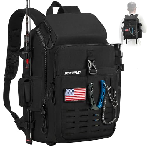 Image of Piscifun Fishing Tackle Backpack with Rod & Gear Holder, Lightweight Outdoor Water-Resistant Fishing Shoulder Storage Bag with Protective Rain Cover, Black