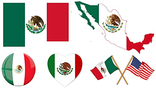 Image of Set of 5 Mexico National Flag Themed Sticker Decal of Mexican Flag, Country Map, Pop Socket shape, Heart shape and one with USA Flag for Car, Phone, pop sockets, Laptop, Mug, Bottle, Textbooks