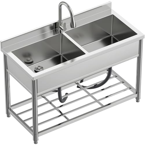 Vockol Évier Autoportant en Acier Inox 2 Bacs, Évier de Cuisine Commercial avec Robinet Extensible, Évier Professionnel pour Extérieur, Cuisine, Garage et...