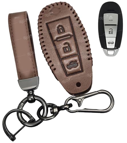 Image of Soft Handmade Leather Key Cover Compatible with Maruti Suzuki Baleno Ciaz Vitara Brezza S Cross Swift Ignis & Toyota Urban Cruiser 3 Button Smart Key Protection with Keychain (Brown)