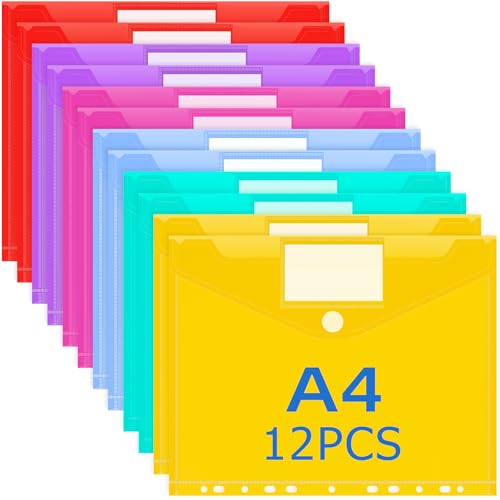 12 Stück Dokumententasche A4, 6 Farben Dokumentenmappe, 11 Löchern Mappen mit Etikettentasche, Wasserdicht Prospekthüllen für Dokumente Organisieren