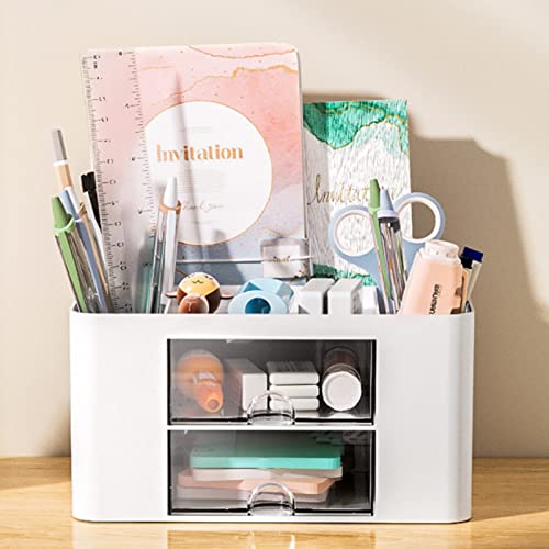 Zyners Plastic Pen Holder Organizer For Desk, Pencil Holder With 2 Drawers And 5-Compartment For Erasers, Paper Clips, Desk Pen Organizer With Maill Organizer For Home, Office, Desktop (White) #TOP5