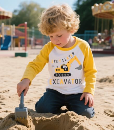 Image of Boys Construction Long Sleeve Raglan T-Shirt for 2-6 Years | Casual Tee For School, Holiday, Playdates Outdoor Trips, Cool Shirt for Truck-Loving Toddlers