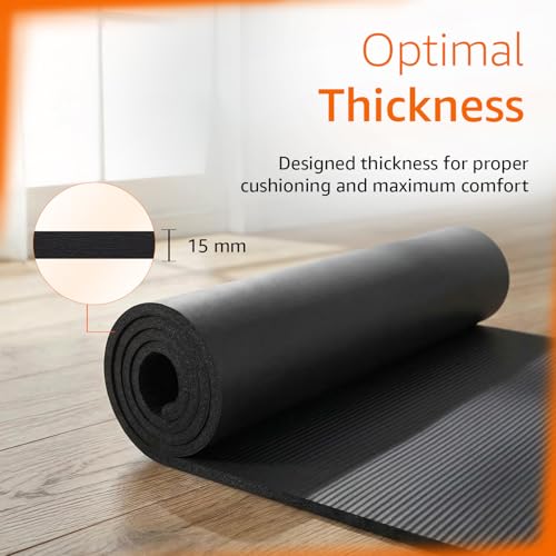 Image of Amazon Basics NBR Yoga & Exercise Mat with Carrying Strap | 15 mm Extra Thick Cushioned Support | Non-Slip Textured Surface | Durable Foam Rubber Material | Floor Protection | Ideal for Yoga, Pilates & Home Workouts | 183 x 61 cm | Black