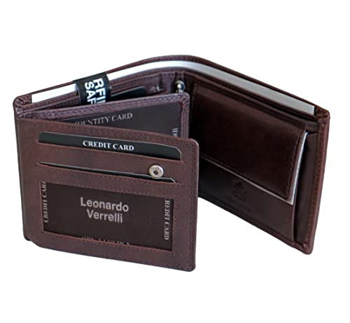Leonardo VERRELLI - Cartera de piel auténtica para hombre, diseño italiano, 16 compartimentos, protección RFID, formato horizontal, marrón, talla única, Clásico Cover