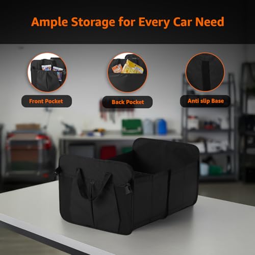 Image of Amazon Basics Car Boot Organizer with 2 Large Compartments & 2 Pockets| Foldable 600D Oxford Storage Box with Securing Straps (Black, 60 x 37 x 31cm)