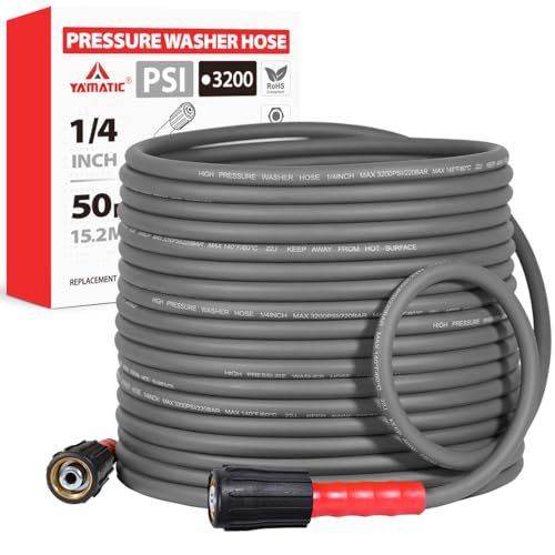 YAMATIC Flexible Pressure Washer Hose 50FT 1/4", 3200 PSI, M22-14mm Female Ends, Kink-Resistant Replacement for Gas/Electric Power Washer Troy-Bilt Ryobi Craftsman, Grey