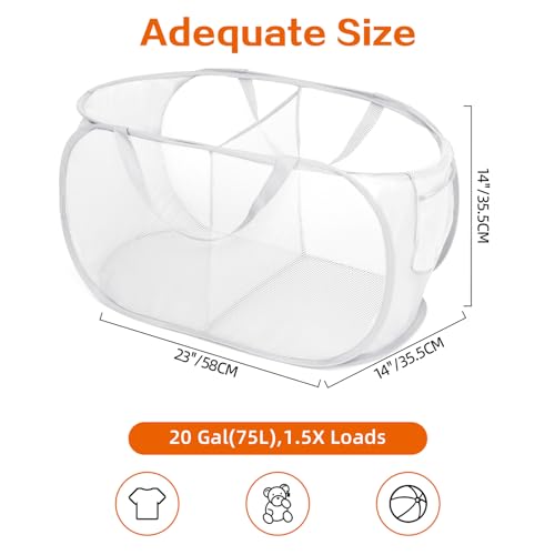 Image of Durable Collapsible Foldable Mesh Pop Up Laundry Basket, 2 Compartments Easy to Carry & Sort Clothes Hampers for Home, Dorm, Travel White
