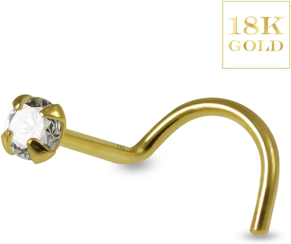 Claw Set Round Cz Stone Top 18K Solid Yellow Gold 22 Gauge Corkscrew Twist Nose Screw - Tiny Nose Stud - Diamond Nose Piercing Body Jewelry