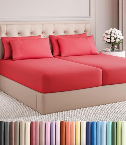 Image of Split King 7 Piece Bed Sheet Set - Comfy, Breathable & Cooling Sheets - Red | Ultra-Soft Hotel Luxury Bedding Set w / 8-16 Inch Deep Pockets, 1 Flat & 2 Fitted Sheet & 4 Pillowcases, Wrinkle & Fade Free
