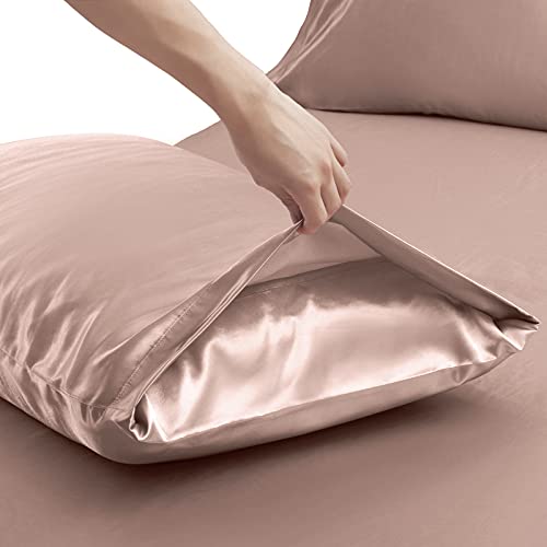Image of Ersmak 7 Pieces Satin Sheets Set California King Size, Luxury Silky Champagne Satin Bed Sheets Set with 1 Deep Pocket Fitted Sheet, 1 Soft Flat Sheet, 4 King Pillowcases and 1 Body Pillowcase