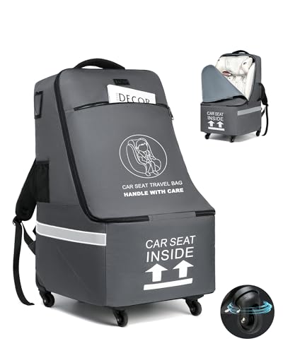Image of MCBD Car Seat Travel Bag for Airplane, Foldable Baby Carseat Backpack for Travel Padded Carseat Carrier for Airport Gate Check, Infant Stroller Cover with Reflective Strips