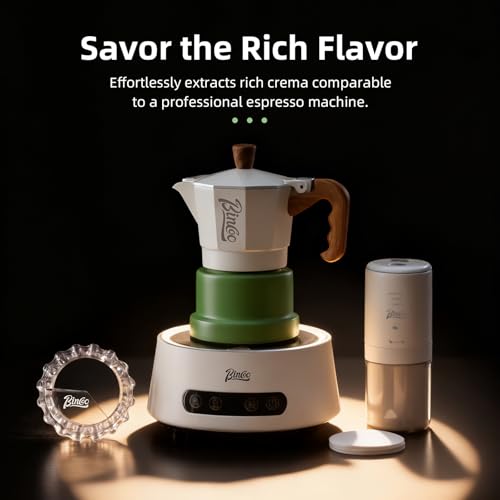 Image of Bincoo Espresso Maker Stovetop,Camping Moka Pot 2 Cup /120ML,Stove Top Espresso Italian Coffee Maker,Easy to Use (White-green)
