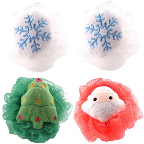 SWETRACE 4 Piezas Bolas de Baño Infantiles de Navidad Exfoliante Corporal Creativo para Ducha Accesorio de Baño Suave y Práctico con Figuras de Santa y Árbol