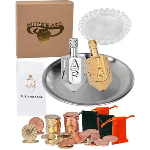 Extguds Put and Take Spinner Dice Game, Dice Game of Chance, Gambling top, Plated Brass Set. 2 Spinner dice + 1 Glass concave Mirror Base + 1 Mental Tray + 50 Game Currencies Cover