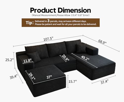Image of 107.5 inch Cloud Modular Sectional Sofa with 1 Ottoman,Modern Minimalist Upholstered Couches, Comfort U Shaped Sofa for Living Room,Deep Seat Corner Couch,No Assembly Required (Black,Right Facing Chaise)